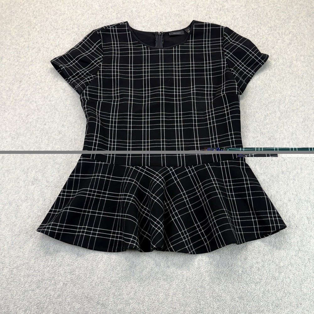 Halogen Peplum Top Womens M Black White Plaid Short Sleeve Back Zip Office